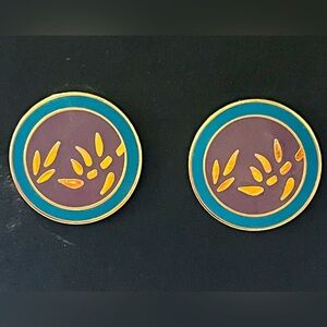 Laurel Burch Teal Purple Enameled GT Metal Bamboo Disk Post Pierced Earrings